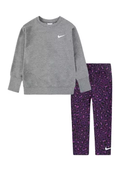 Nike® Toddler Girls Long Sleeve Crew Neck Sweatshirt and Animal Print Leggings Set